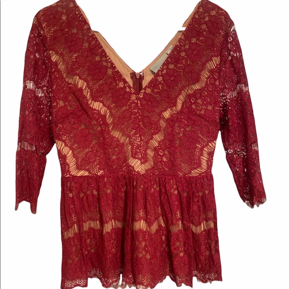 NWT Maeve Anthropologie Maroon Lace Lined Peplum Top - Picture 3 of 12